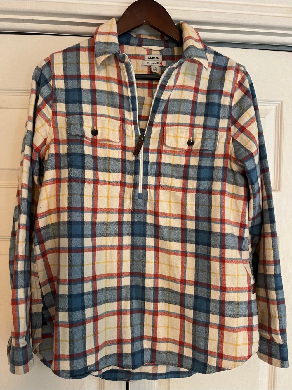 L.L. Bean Blue, Red & Yellow Plaid Half-Zip Flannel Shirt